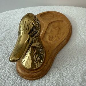 Vintage MCM Brass Duck Head Jewelry Valet Wood Coin Dresser Tray Gift 10"
